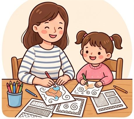 Mãe e filha fazendo atividades